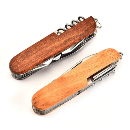 Multifunctional Outdoor Wooden Shell Folding Knife Saw Scissors Crowbar EDC