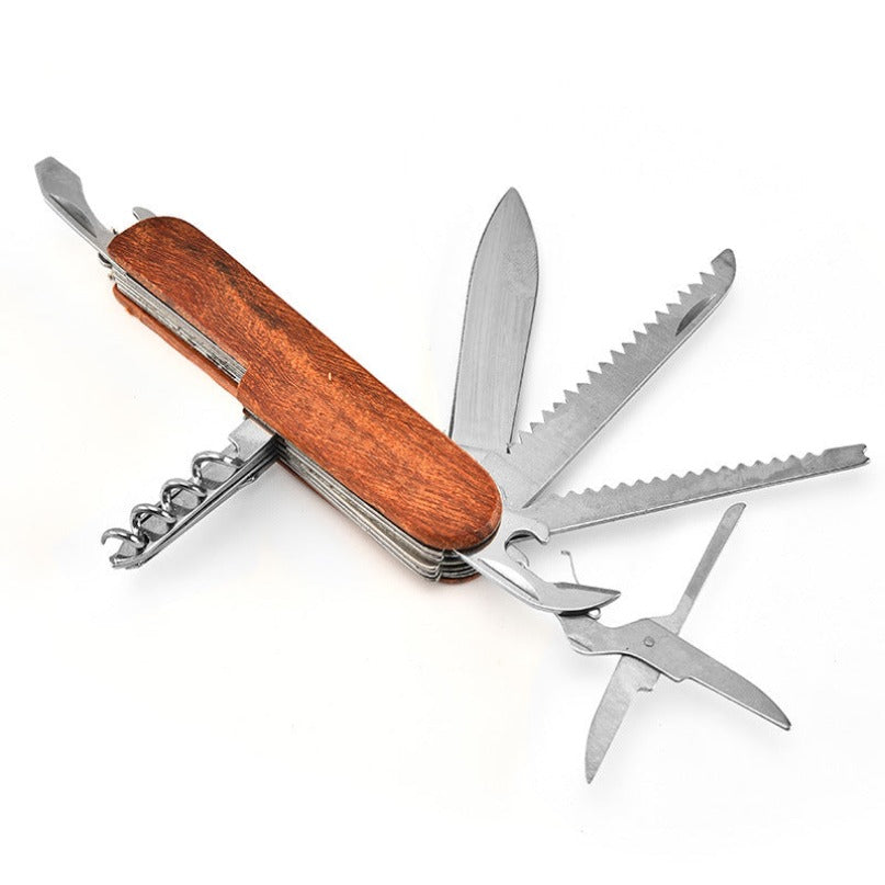 Multifunctional Outdoor Wooden Shell Folding Knife Saw Scissors Crowbar EDC