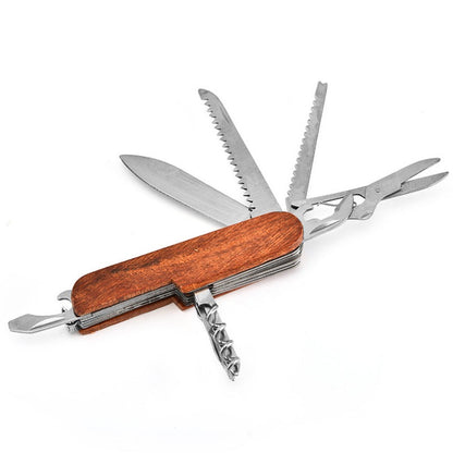 Multifunctional Outdoor Wooden Shell Folding Knife Saw Scissors Crowbar EDC
