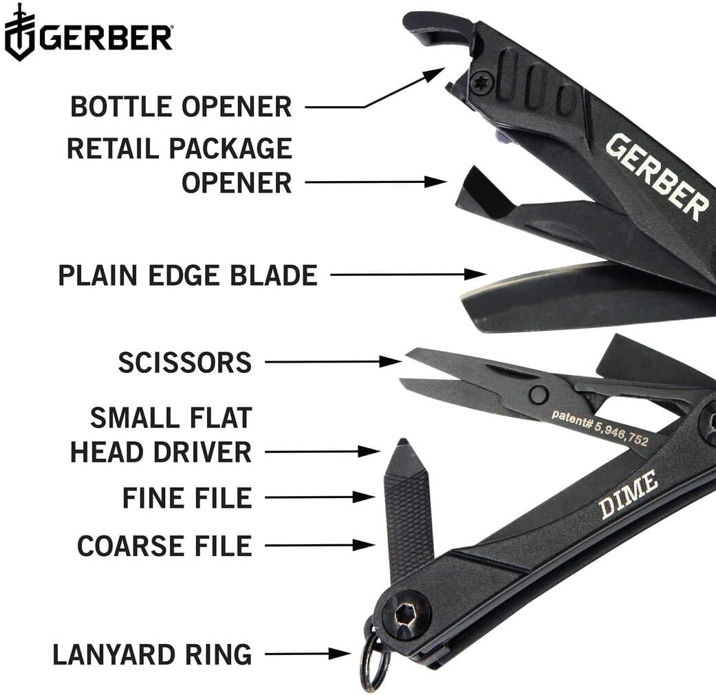 wb003 Gerber Dime 12-in-1 Mini Multitool Pliers, Pocket Knife,Bottle Opener,Black