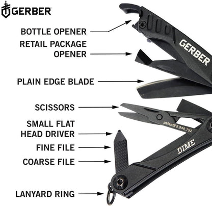wb003 Gerber Dime 12-in-1 Mini Multitool Pliers, Pocket Knife,Bottle Opener,Black