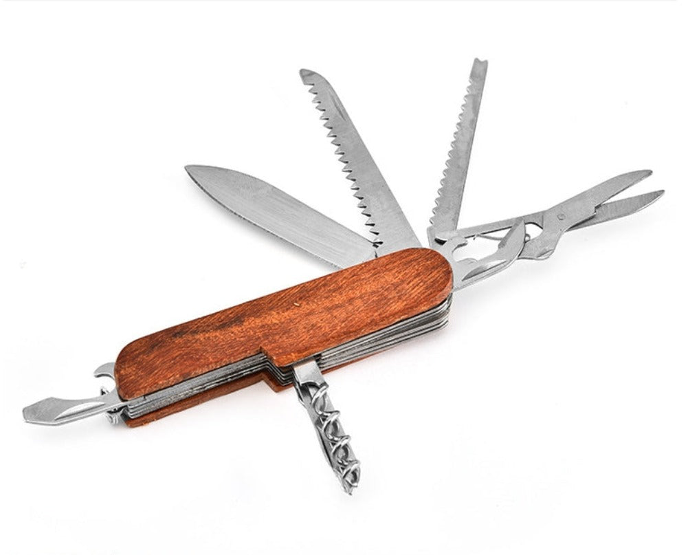 Multifunctional Outdoor Wooden Shell Folding Knife Saw Scissors Crowbar EDC
