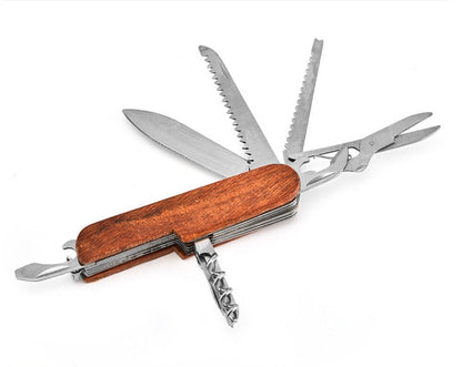 Multifunctional Outdoor Wooden Shell Folding Knife Saw Scissors Crowbar EDC
