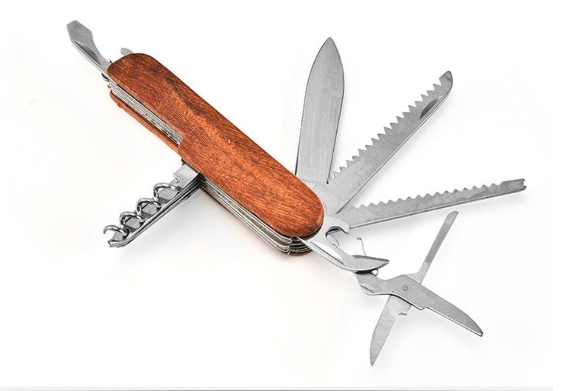 Multifunctional Outdoor Wooden Shell Folding Knife Saw Scissors Crowbar EDC