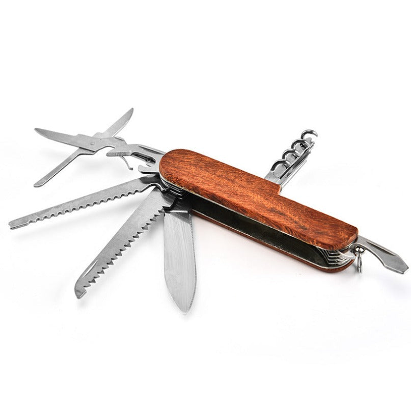 Multifunctional Outdoor Wooden Shell Folding Knife Saw Scissors Crowbar EDC
