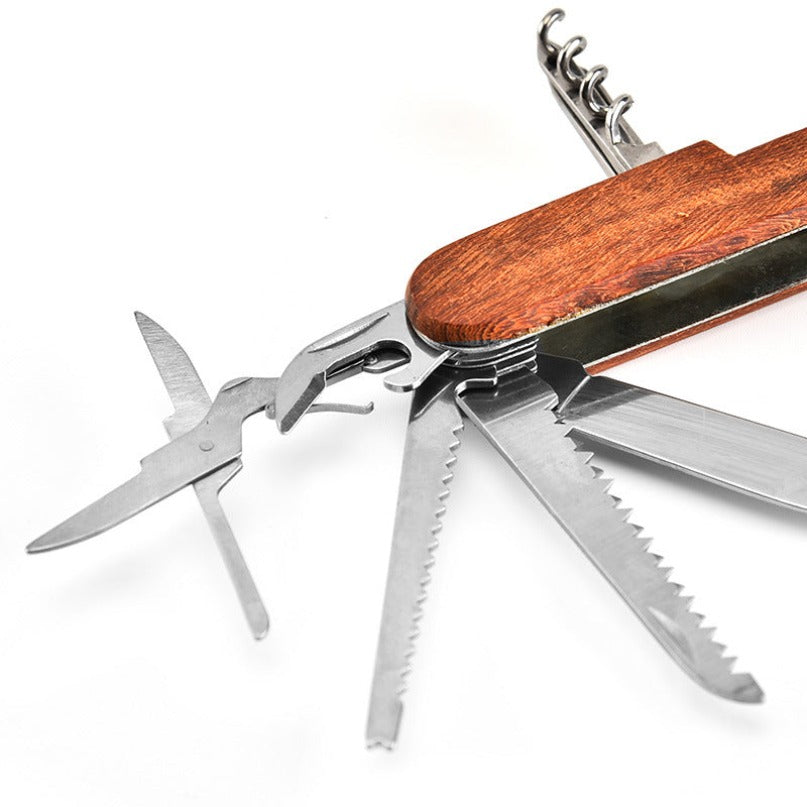 Multifunctional Outdoor Wooden Shell Folding Knife Saw Scissors Crowbar EDC