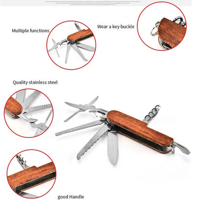 Multifunctional Outdoor Wooden Shell Folding Knife Saw Scissors Crowbar EDC