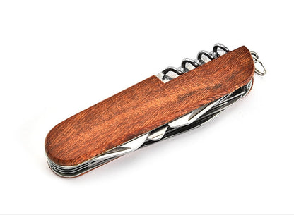 Multifunctional Outdoor Wooden Shell Folding Knife Saw Scissors Crowbar EDC