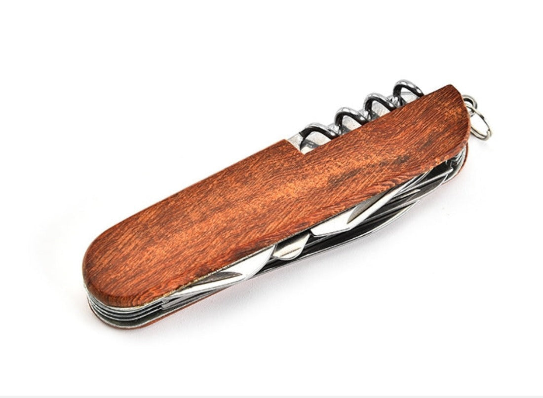 Multifunctional Outdoor Wooden Shell Folding Knife Saw Scissors Crowbar EDC