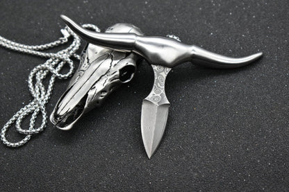 Damascus Steel Pendant Bullhead Hand Spikes Mini Knife