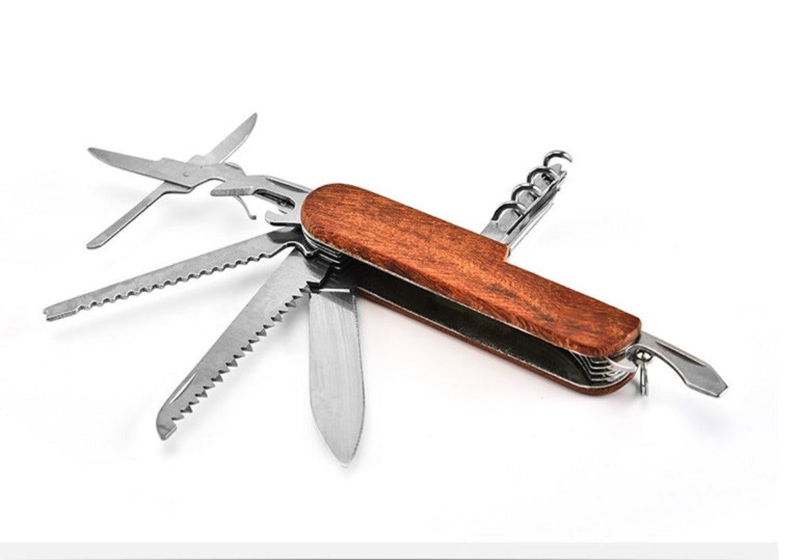 Multifunctional Outdoor Wooden Shell Folding Knife Saw Scissors Crowbar EDC